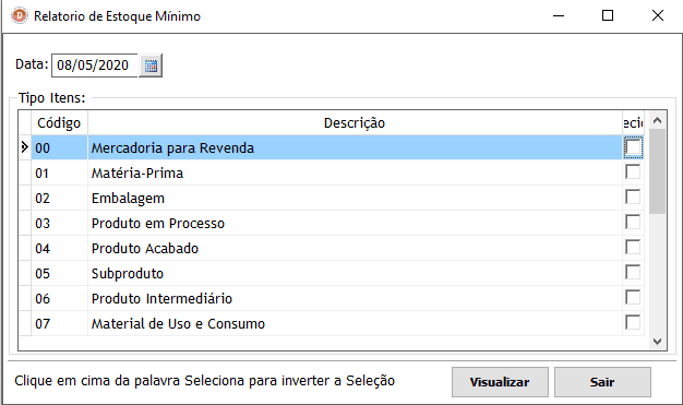 Relatório de Estoque Mínimo.